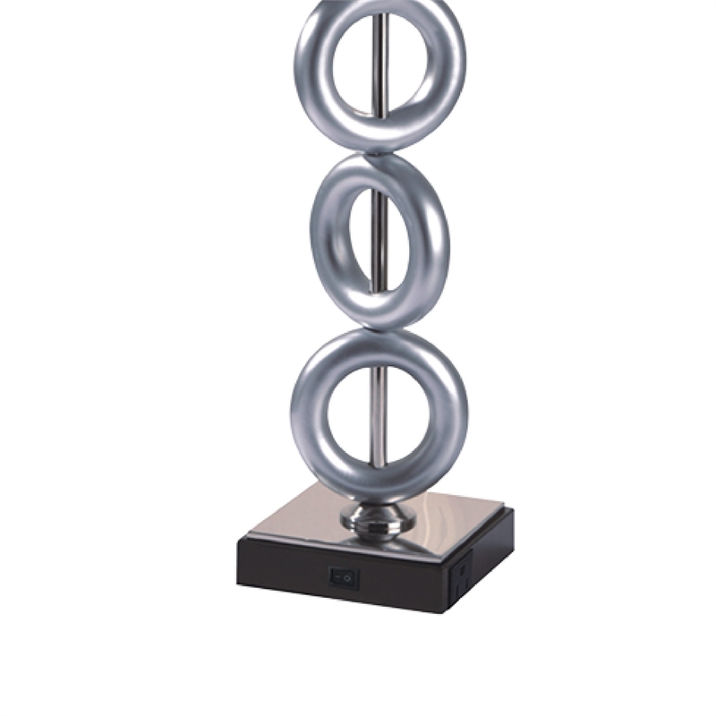 Table Lamp Set of 2- Brown Fabric Shades- 3 Ring Design- Silver Metal