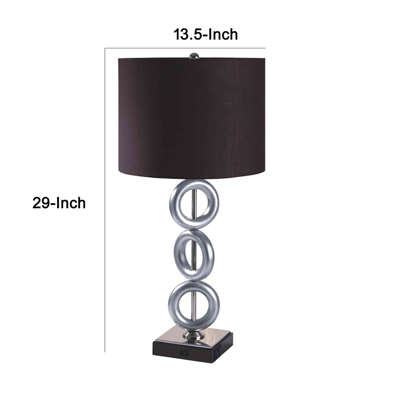 Table Lamp Set of 2- Brown Fabric Shades- 3 Ring Design- Silver Metal