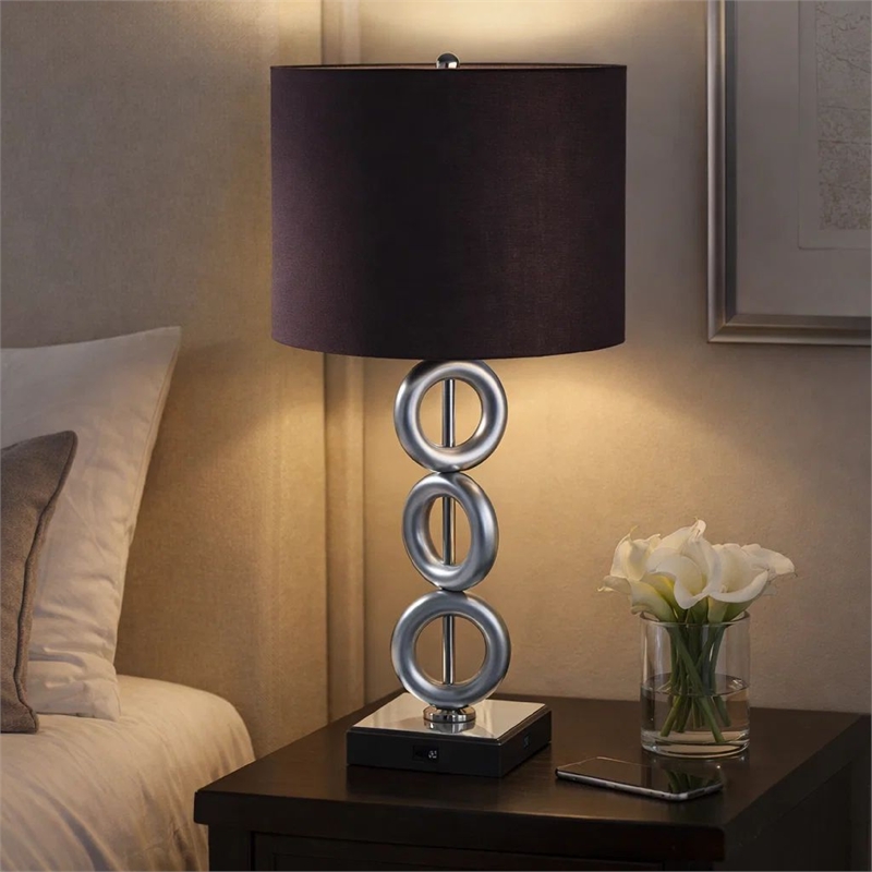 Table Lamp Set of 2- Brown Fabric Shades- 3 Ring Design- Silver Metal