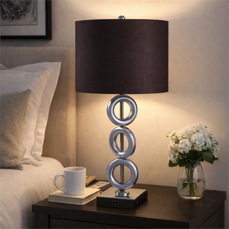 Table Lamp Set of 2- Brown Fabric Shades- 3 Ring Design- Silver Metal