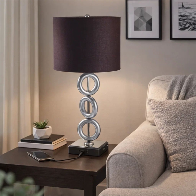 Table Lamp Set of 2- Brown Fabric Shades- 3 Ring Design- Silver Metal
