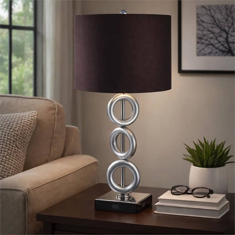 Table Lamp Set of 2- Brown Fabric Shades- 3 Ring Design- Silver Metal