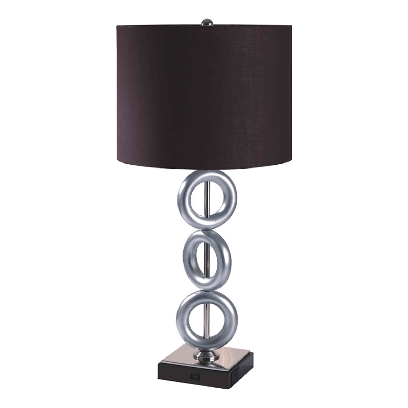 Table Lamp Set of 2- Brown Fabric Shades- 3 Ring Design- Silver Metal