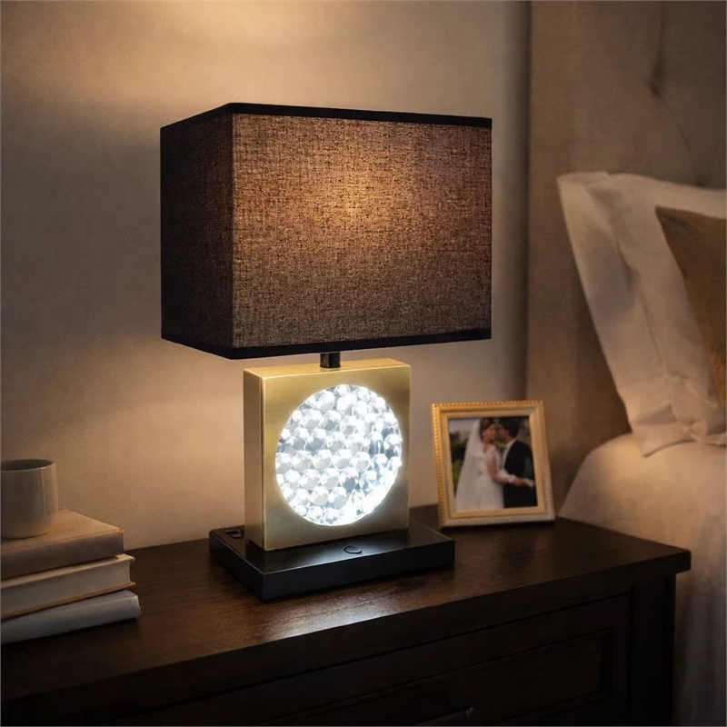 Table Lamp with Night Light- USB- Gold n Black Base with Crystal Accent