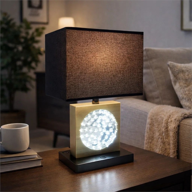 Table Lamp with Night Light- USB- Gold n Black Base with Crystal Accent