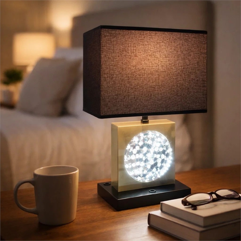 Table Lamp with Night Light- USB- Gold n Black Base with Crystal Accent
