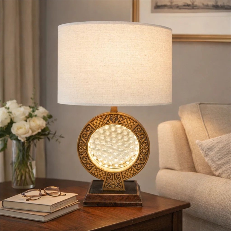 Table Lamp- Floating Crystal Core- White Shade- 28 Inch Antique Brown