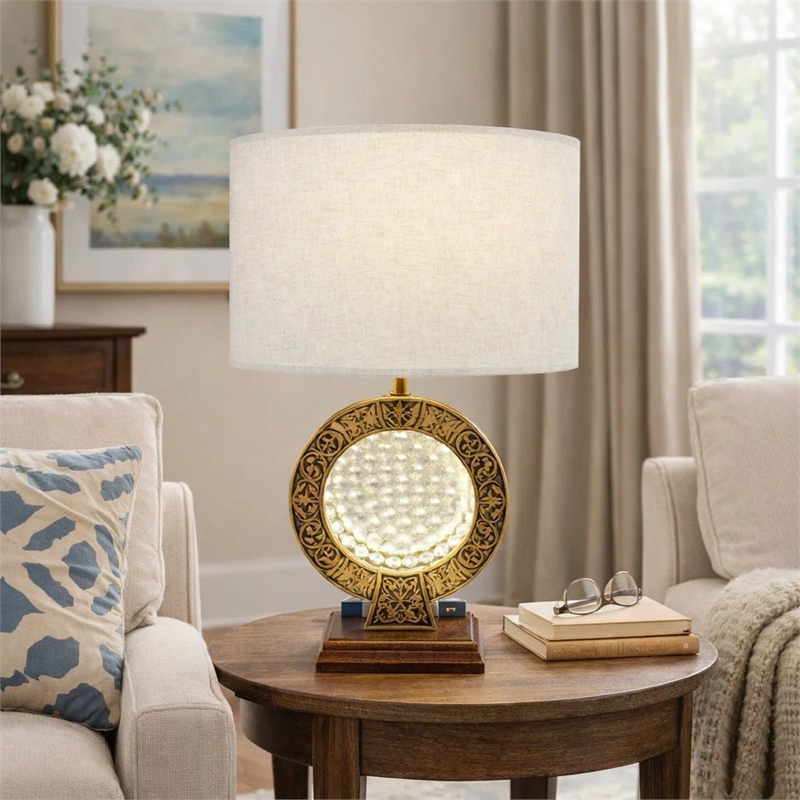 Table Lamp- Floating Crystal Core- White Shade- 28 Inch Antique Brown