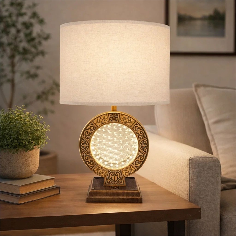 Table Lamp- Floating Crystal Core- White Shade- 28 Inch Antique Brown