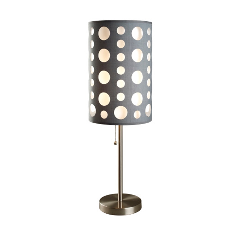 Table Lamp- Gray and White Dual Fabric Shade- Retro Cut Out Rings- 30 Inch