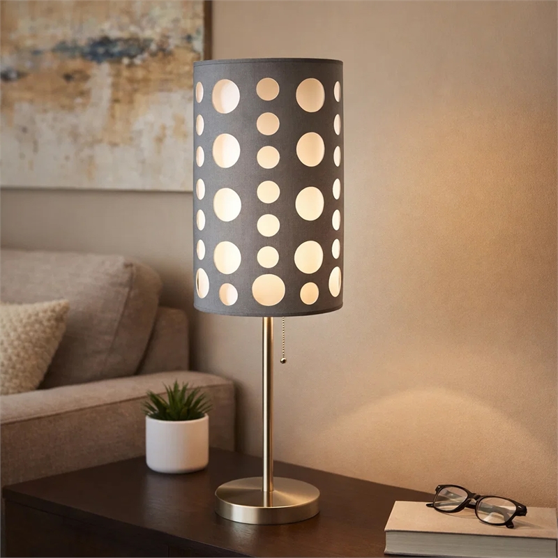 Table Lamp- Gray and White Dual Fabric Shade- Retro Cut Out Rings- 30 Inch