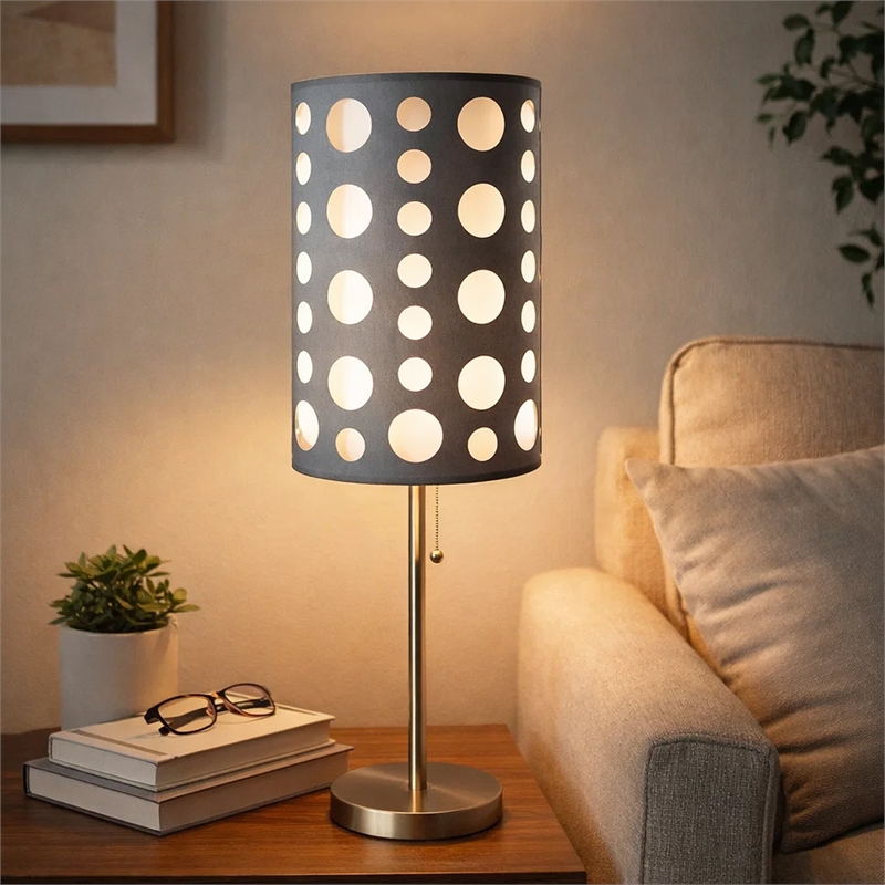 Table Lamp- Gray and White Dual Fabric Shade- Retro Cut Out Rings- 30 Inch