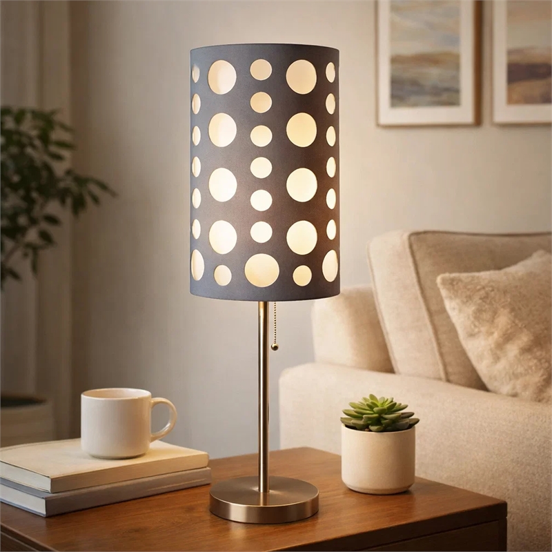 Table Lamp- Gray and White Dual Fabric Shade- Retro Cut Out Rings- 30 Inch