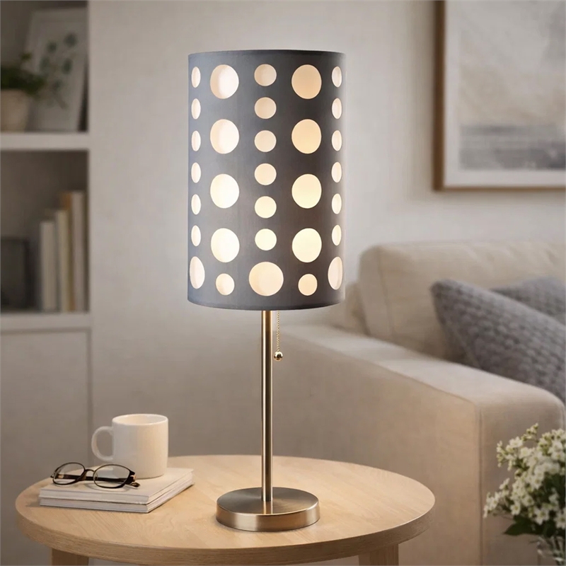 Table Lamp- Gray and White Dual Fabric Shade- Retro Cut Out Rings- 30 Inch