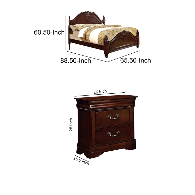 Queen Bedroom Set- Brown Wood- 2 Piece Set with Nightstand