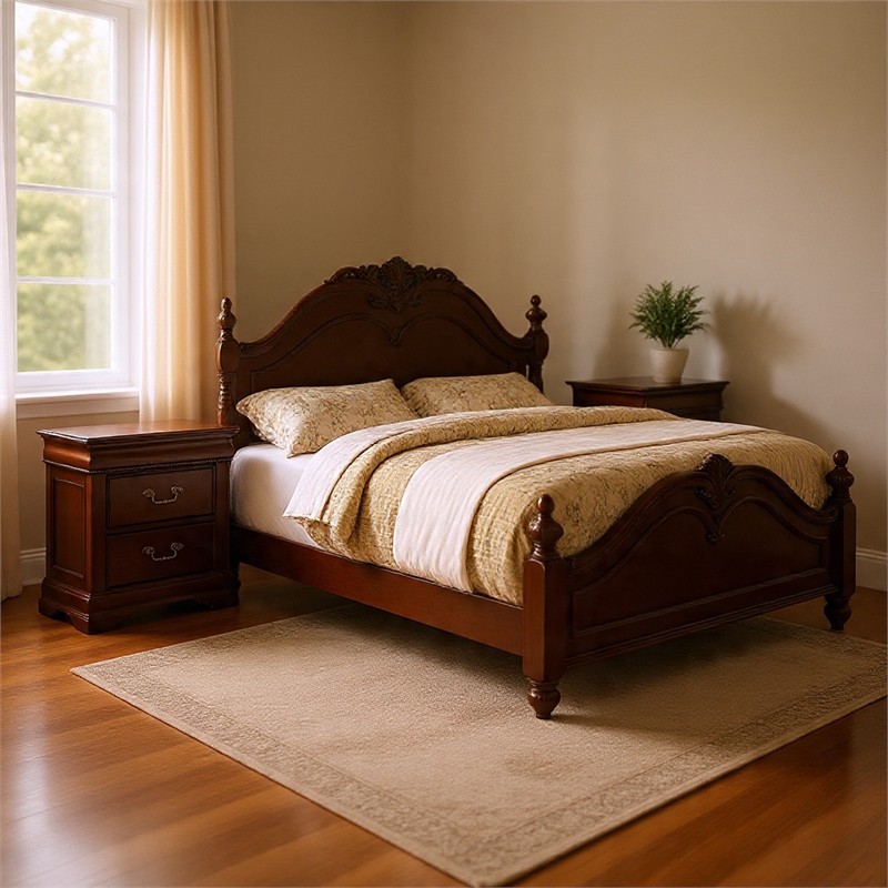Queen Bedroom Set- Brown Wood- 2 Piece Set with Nightstand