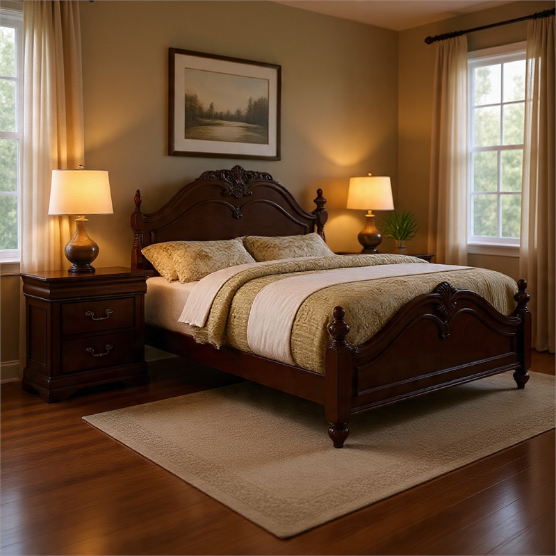 Queen Bedroom Set- Brown Wood- 2 Piece Set with Nightstand