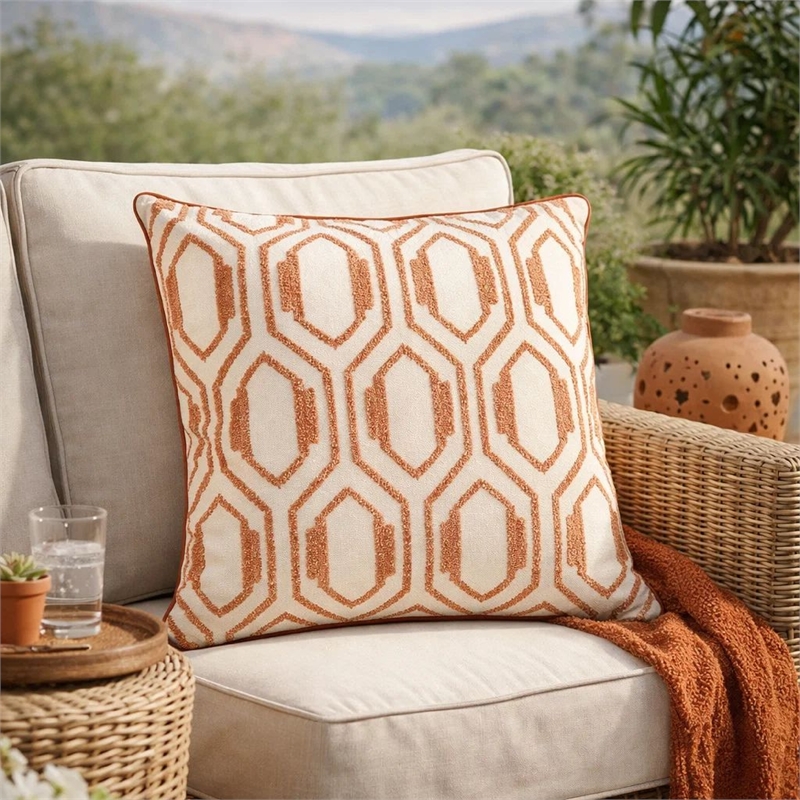 Throw Pillow Cover- Rust Orange Herringbone Embroidery 20 Inch Square