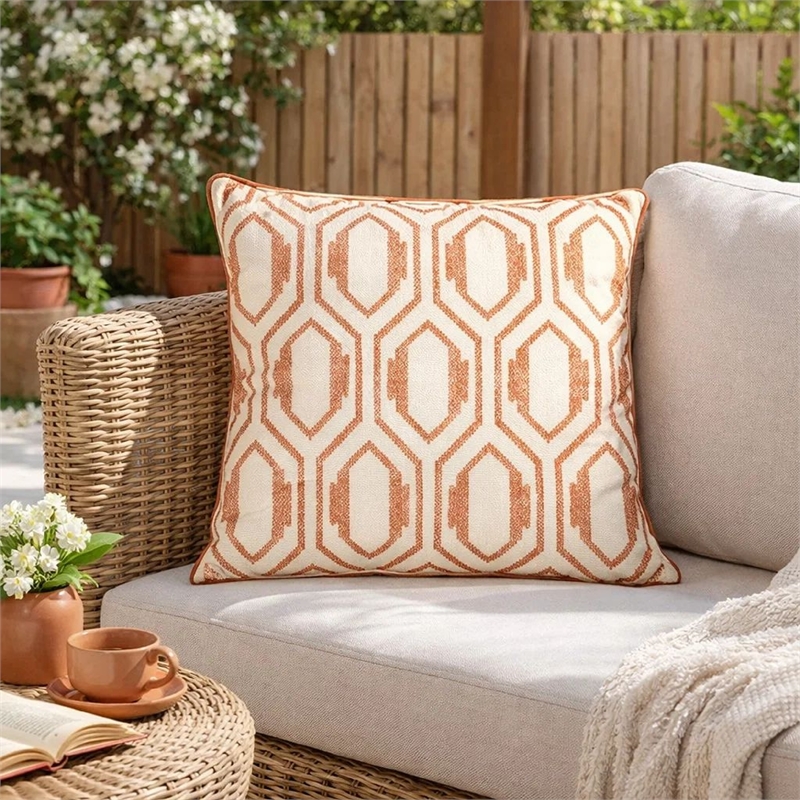 Throw Pillow Cover- Rust Orange Herringbone Embroidery 20 Inch Square