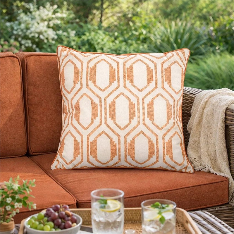 Throw Pillow Cover- Rust Orange Herringbone Embroidery 20 Inch Square