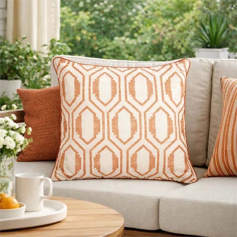 Throw Pillow Cover- Rust Orange Herringbone Embroidery 20 Inch Square