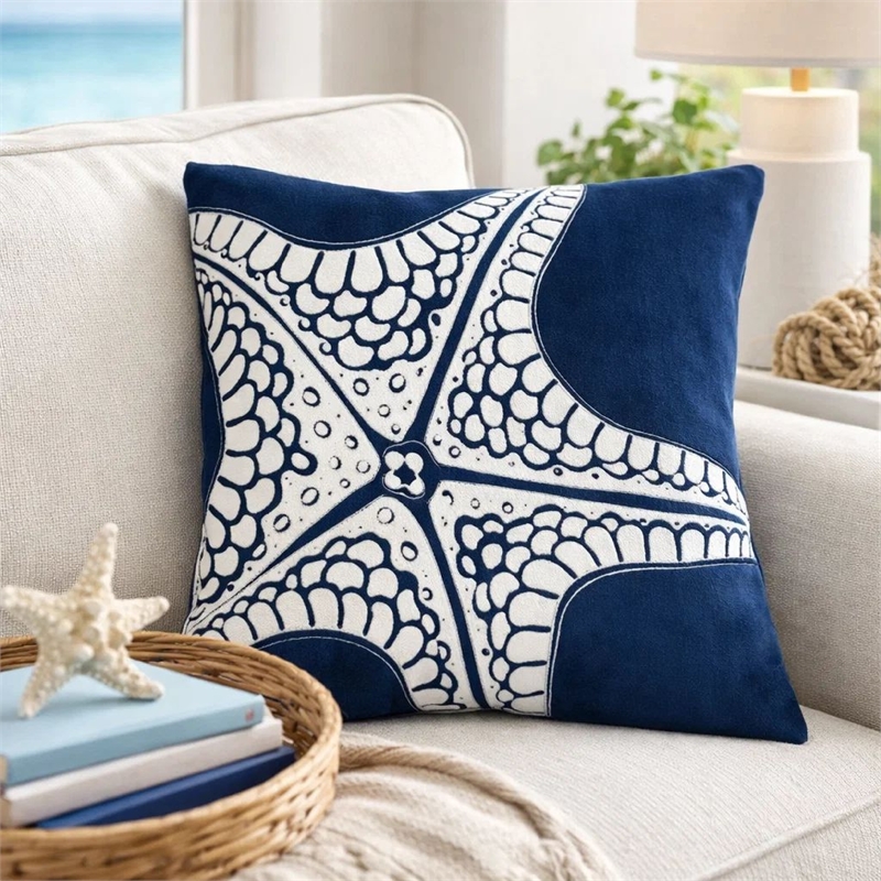 Throw Pillow Cover- Starfish Design- Coastal Indigo Velvet 20 Inch Square