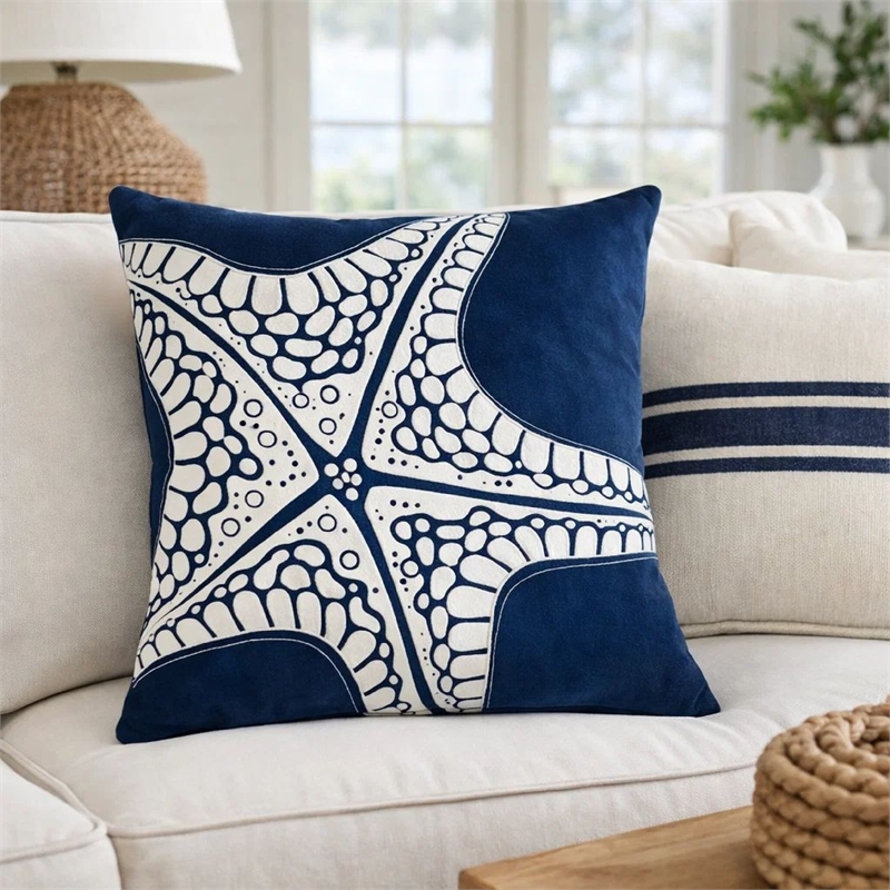 Throw Pillow Cover- Starfish Design- Coastal Indigo Velvet 20 Inch Square