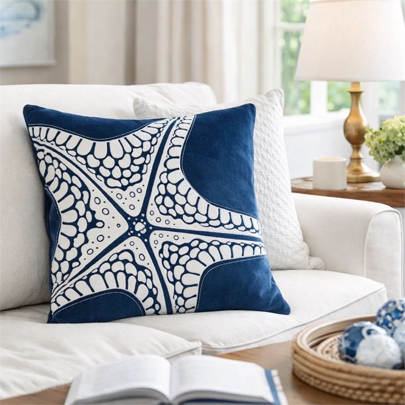 Throw Pillow Cover- Starfish Design- Coastal Indigo Velvet 20 Inch Square