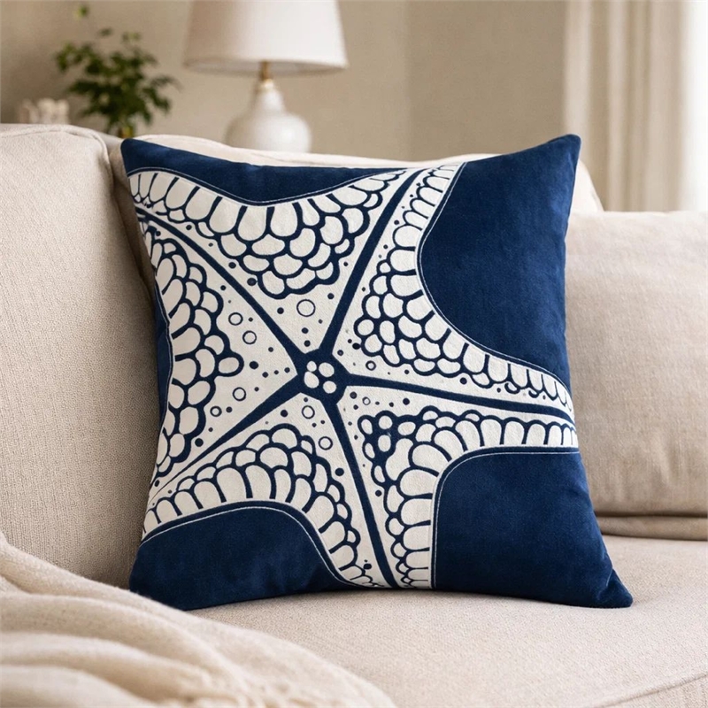 Throw Pillow Cover- Starfish Design- Coastal Indigo Velvet 20 Inch Square