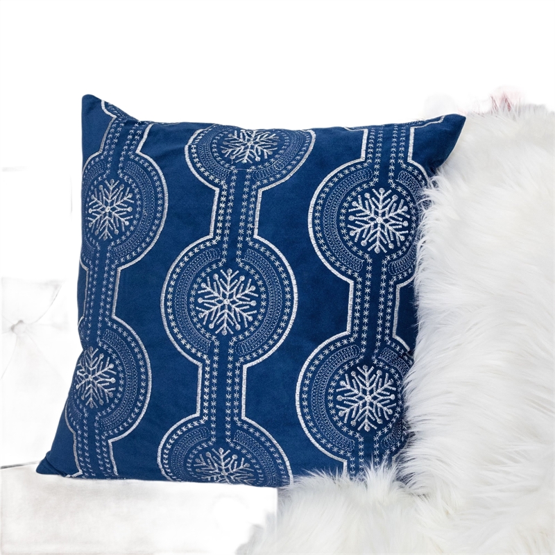 Zey Throw Pillow Cover- Snowflake Embroidered Blue Velvet- 20 Inch Square