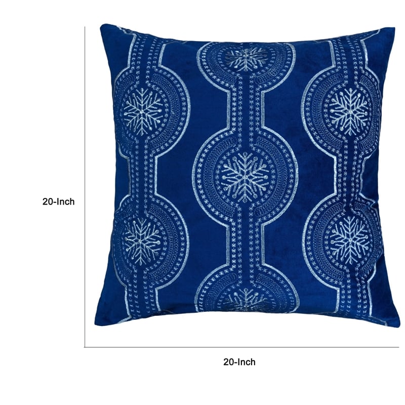 Zey Throw Pillow Cover- Snowflake Embroidered Blue Velvet- 20 Inch Square