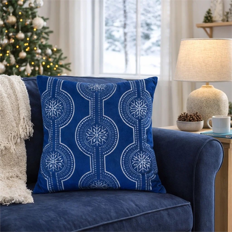 Zey Throw Pillow Cover- Snowflake Embroidered Blue Velvet- 20 Inch Square