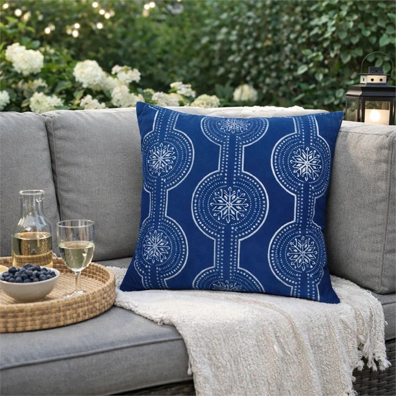 Zey Throw Pillow Cover- Snowflake Embroidered Blue Velvet- 20 Inch Square