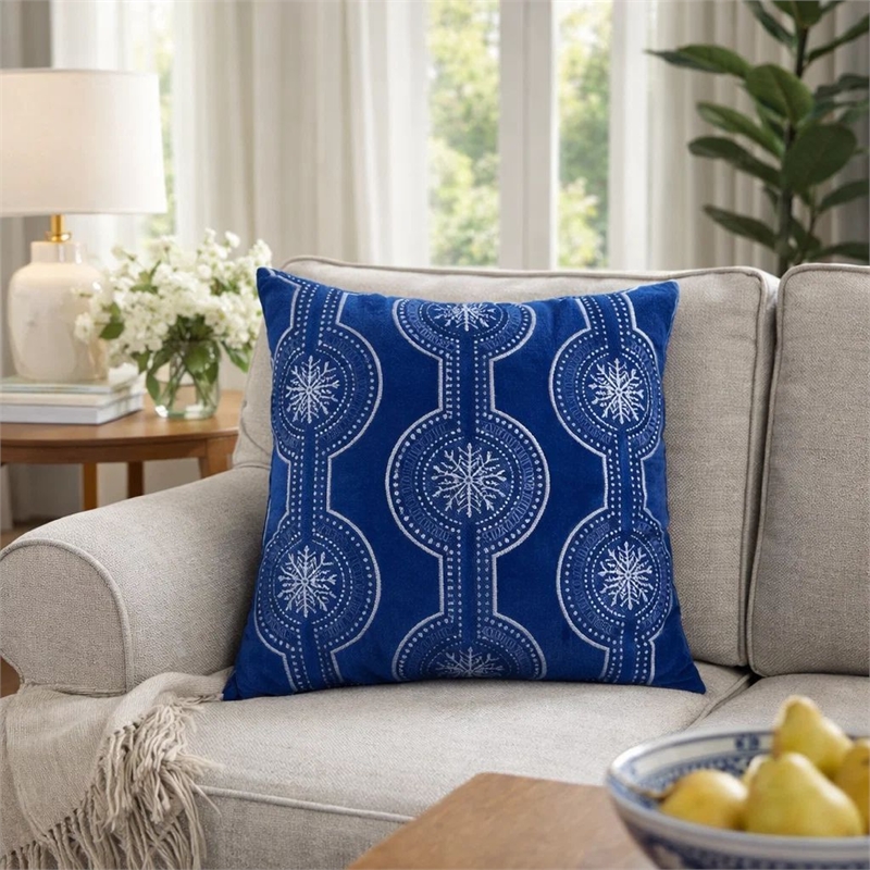 Zey Throw Pillow Cover- Snowflake Embroidered Blue Velvet- 20 Inch Square