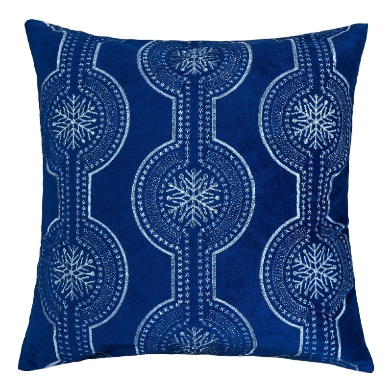 Zey Throw Pillow Cover- Snowflake Embroidered Blue Velvet- 20 Inch Square
