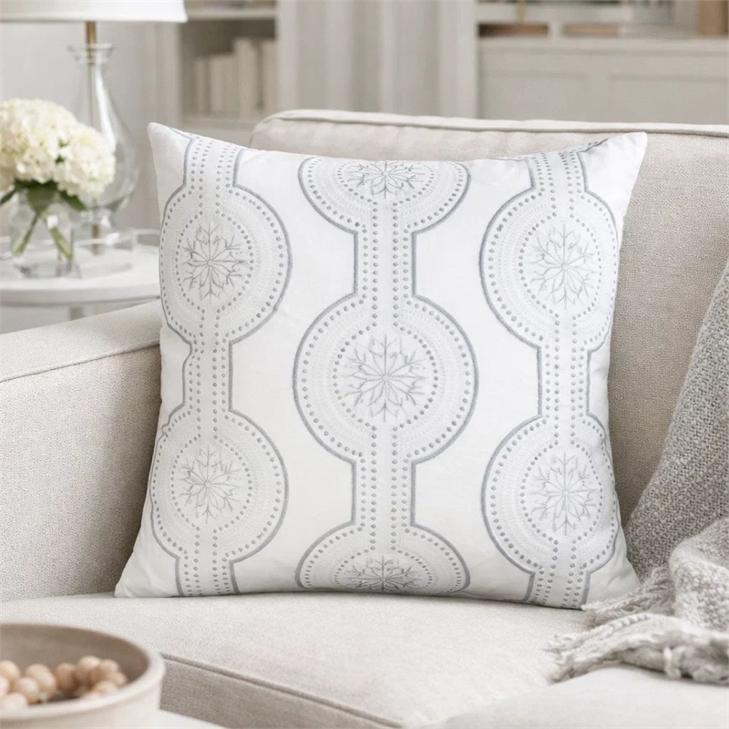 Zey Throw Pillow Cover- Snowflake Embroidered White Velvet- 20 Inch Square