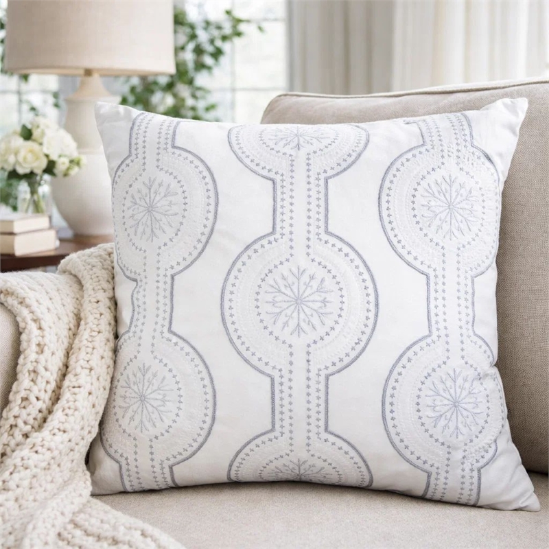 Zey Throw Pillow Cover- Snowflake Embroidered White Velvet- 20 Inch Square