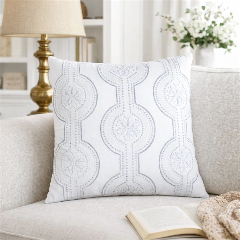 Zey Throw Pillow Cover- Snowflake Embroidered White Velvet- 20 Inch Square