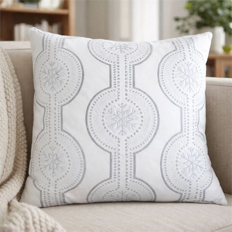 Zey Throw Pillow Cover- Snowflake Embroidered White Velvet- 20 Inch Square