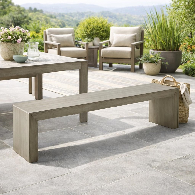 Dining Bench- Rectangular Seat Panel Legs- Gray and Taupe Wood- 63 Inch