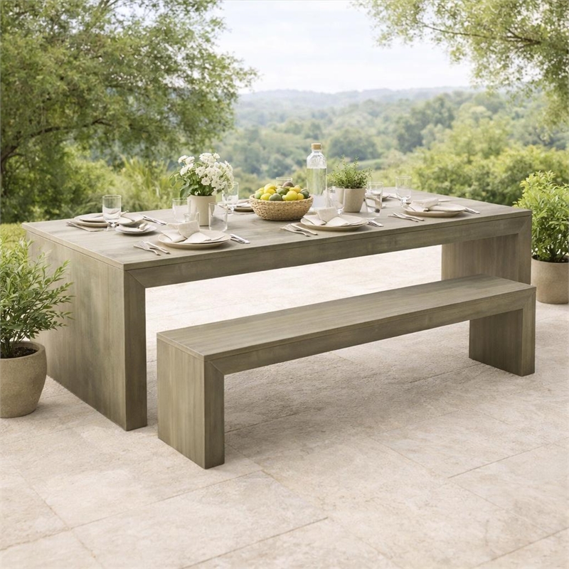 Dining Bench- Rectangular Seat Panel Legs- Gray and Taupe Wood- 63 Inch