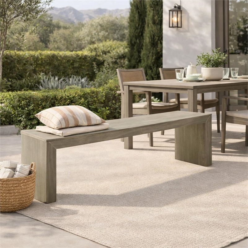 Dining Bench- Rectangular Seat Panel Legs- Gray and Taupe Wood- 63 Inch