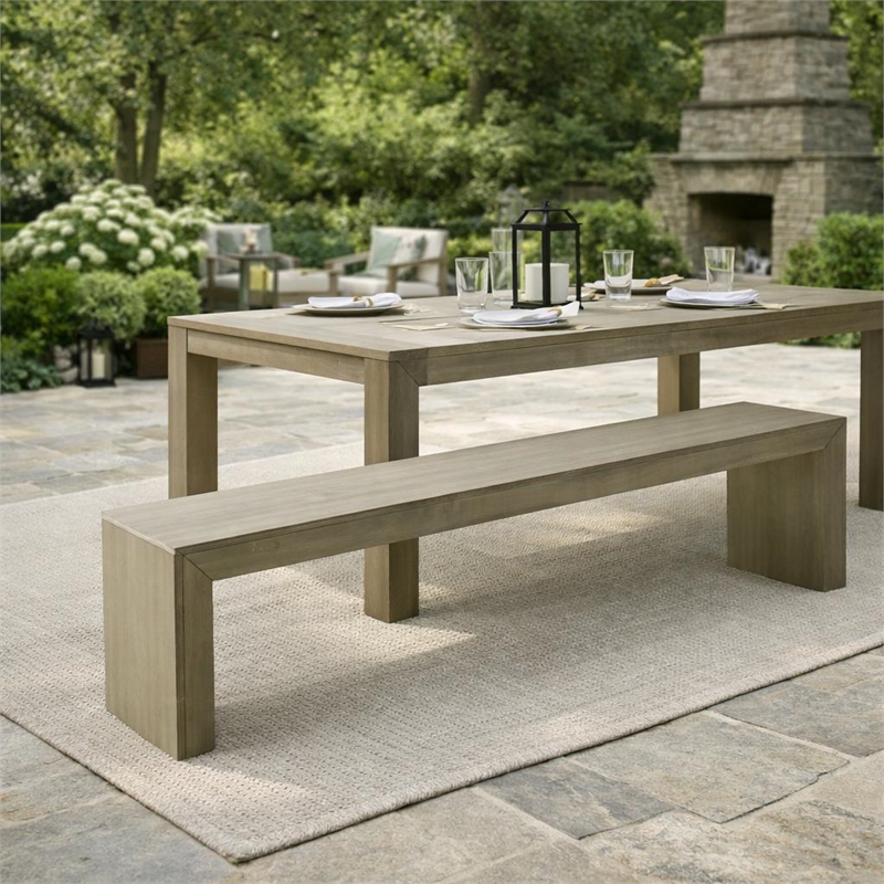 Dining Bench- Rectangular Seat Panel Legs- Gray and Taupe Wood- 63 Inch