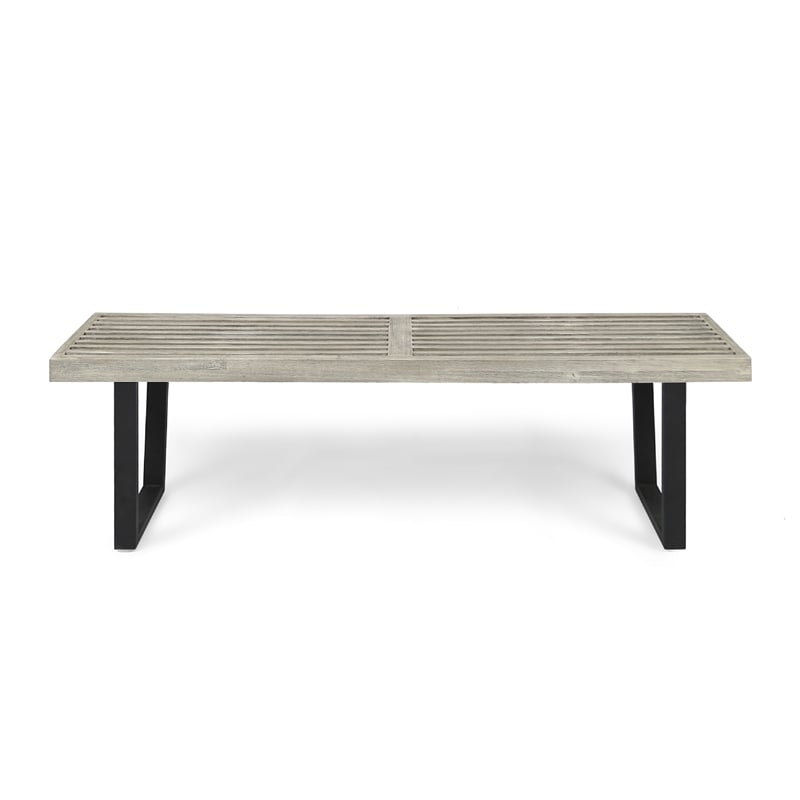 Cior Outdoor Dining Bench- 62 Inch Slatted Gray Acacia Wood- Sled Base