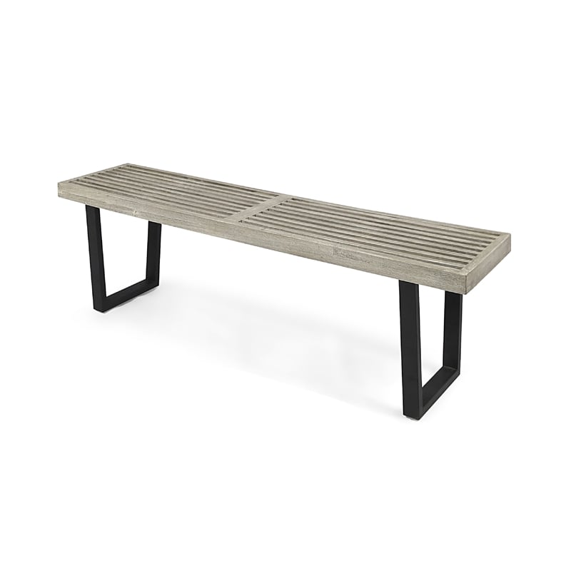 Cior Outdoor Dining Bench- 62 Inch Slatted Gray Acacia Wood- Sled Base