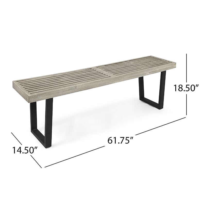 Cior Outdoor Dining Bench- 62 Inch Slatted Gray Acacia Wood- Sled Base