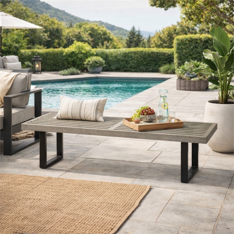 Cior Outdoor Dining Bench- 62 Inch Slatted Gray Acacia Wood- Sled Base