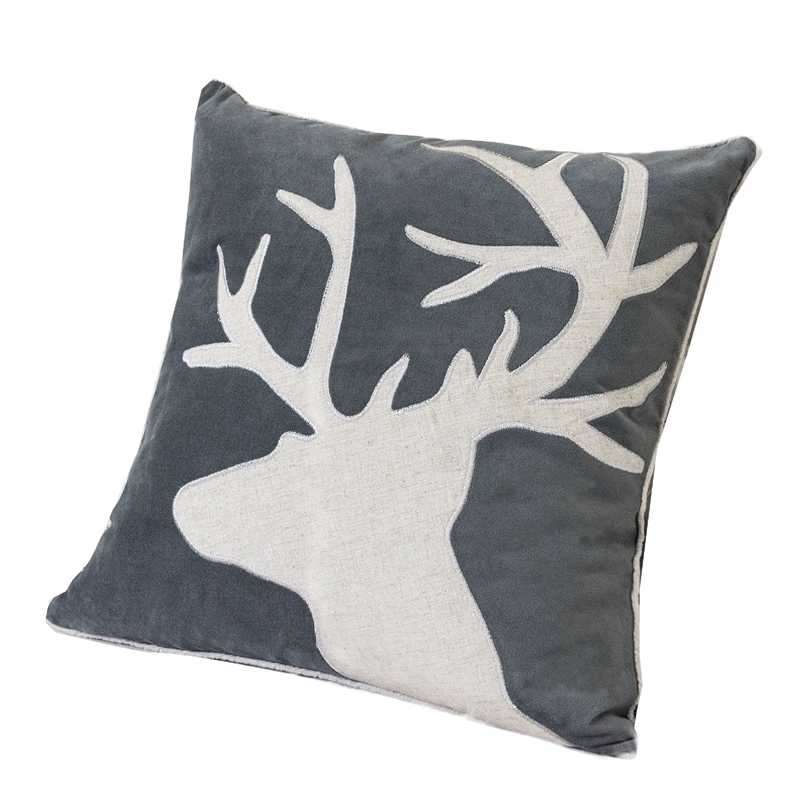 Lopa Square Throw Pillow- Holiday Reindeer Embroidery- Gray Velvet 20 Inch