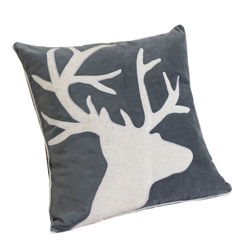 Lopa Square Throw Pillow- Holiday Reindeer Embroidery- Gray Velvet 20 Inch