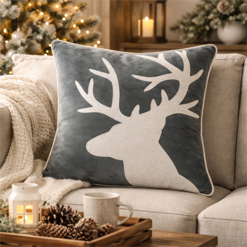 Lopa Square Throw Pillow- Holiday Reindeer Embroidery- Gray Velvet 20 Inch